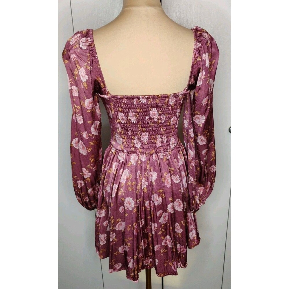 Altar'd State Pink Purple Floral Satin Sweetheart Smocked Mini Dress XS - Picture 2 of 9